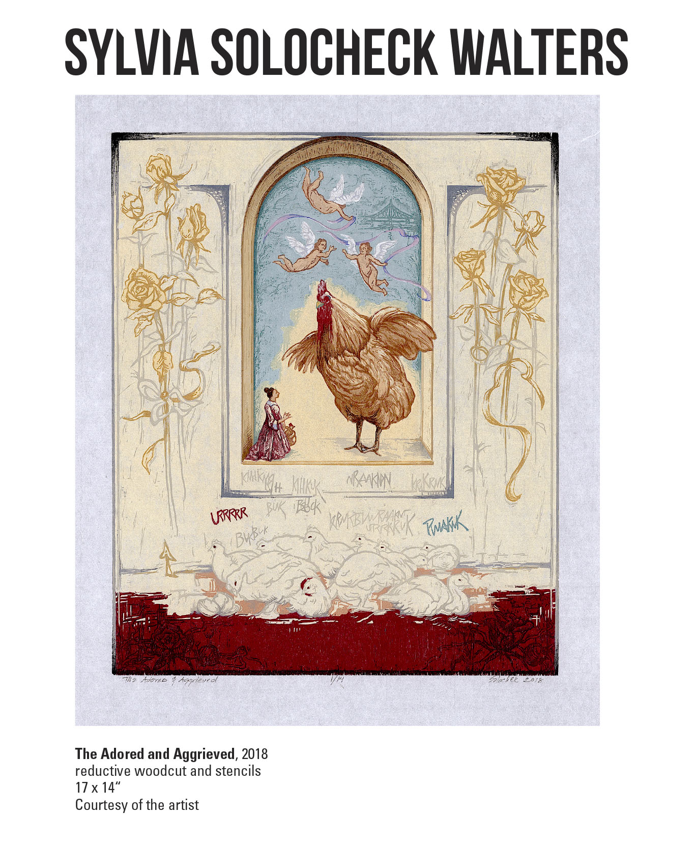 Sylvia Solocheck Walters, The Adored and Aggrieved, 2018. Reductive woodcut and stencils. 17 x 14“ Courtesy of the artist A woodcut print of a large chicken looking down at a woman.