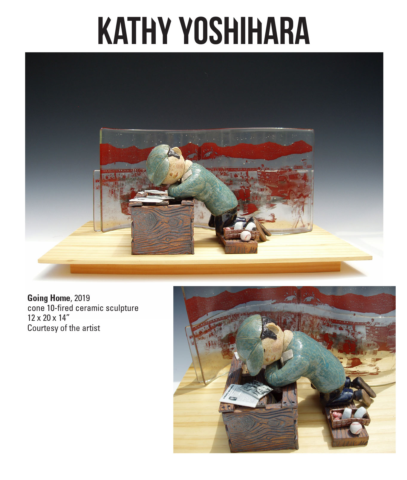 Kathy Yoshihara, Going Home, 2019. Cone 10-fired ceramic sculpture. 12 x 20 x 14” Courtesy of the artist. A sculpture of a man resting his head on a wooden crate.