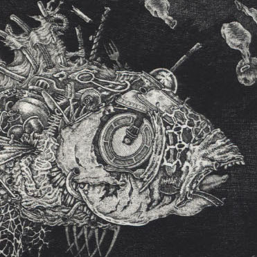 David Avery, Das Narrenschiff, 2018. Hard-ground etching. 14.25 x 7.5" Courtesy of the artist. An etching of a boat in the ocean with a big fish swimming underwater.