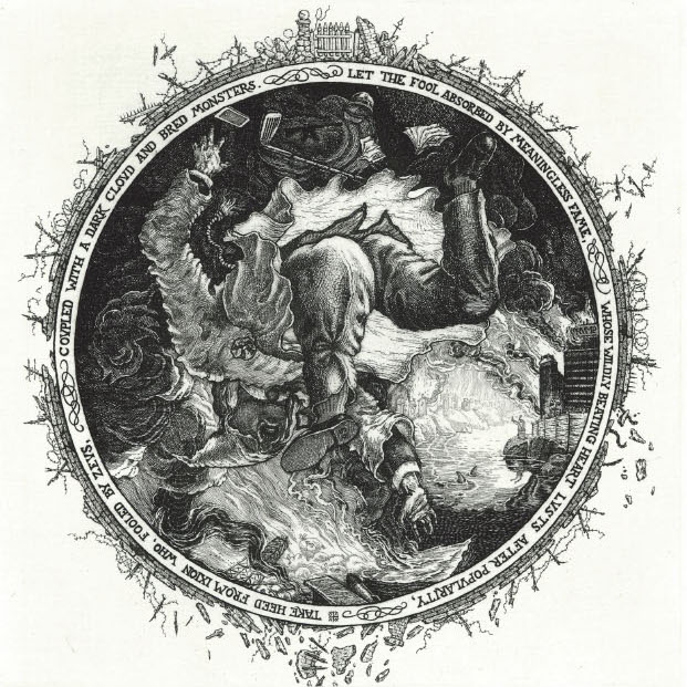 David Avery, Mendacia Ridicula (The Wheel of Ixion), 2018. Hard-ground etching. 6 x 6" Courtesy of the artist. An etching of a person falling throught the air.