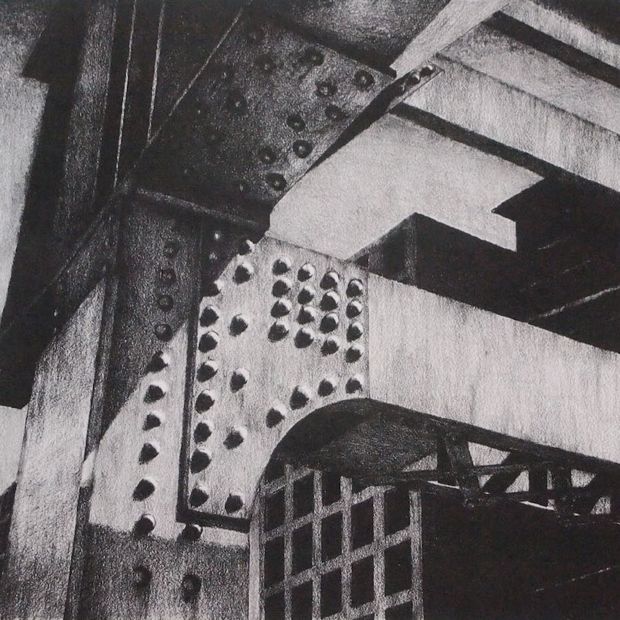 Peter Baczek, Structure, 2018. Lithograph. 7.5 x 9" Courtesy of the artist Lithograph print of a close up of a building structure