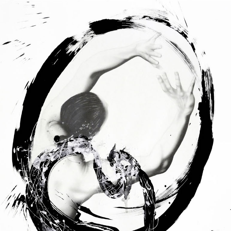 Michele Benzamin-Miki, Momentum, 2015. Graphite and Sumi ink on paper. 43 x 28" Courtesy of the artist. A black and white image with a figure in motion with ink strokes surrounding the figure