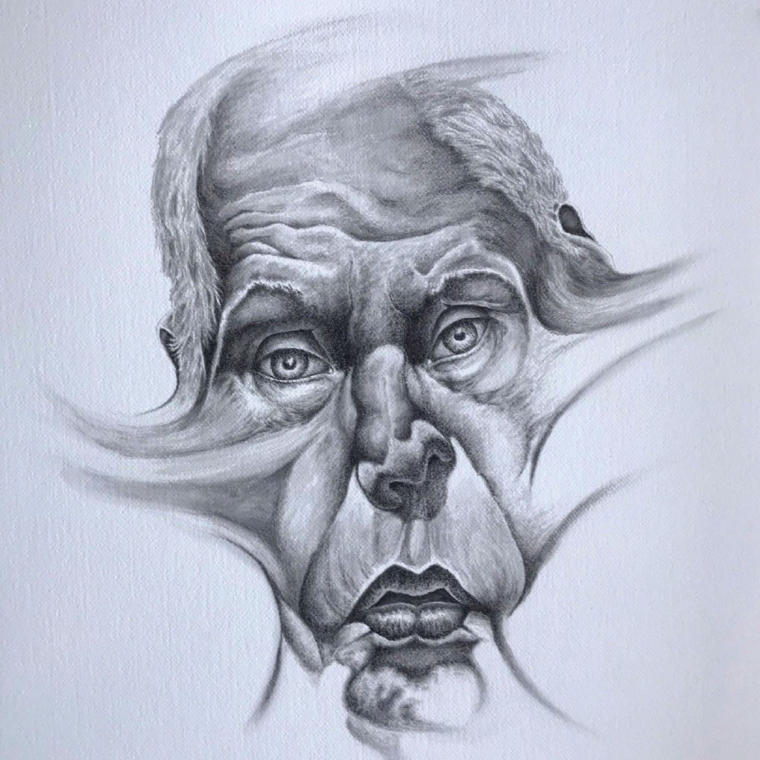 Chess Brodnick, It's not what i wanted it to be, 2019. Sumi-e ink on paper. 26 x 19" Courtesy of the artist. A drawing of a mans face that is morphing out into lines at the head, cheeks, and chin