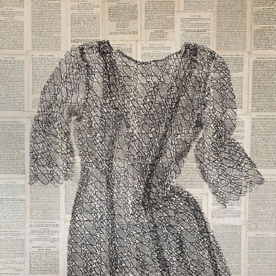 Andrea Broekelschen, Lace, 2019. Monoprint oil-based ink on old bible pages 43 x 31" Courtesy of the artist. A drawing of a dress made up of small oval shapes drawn over bible pages