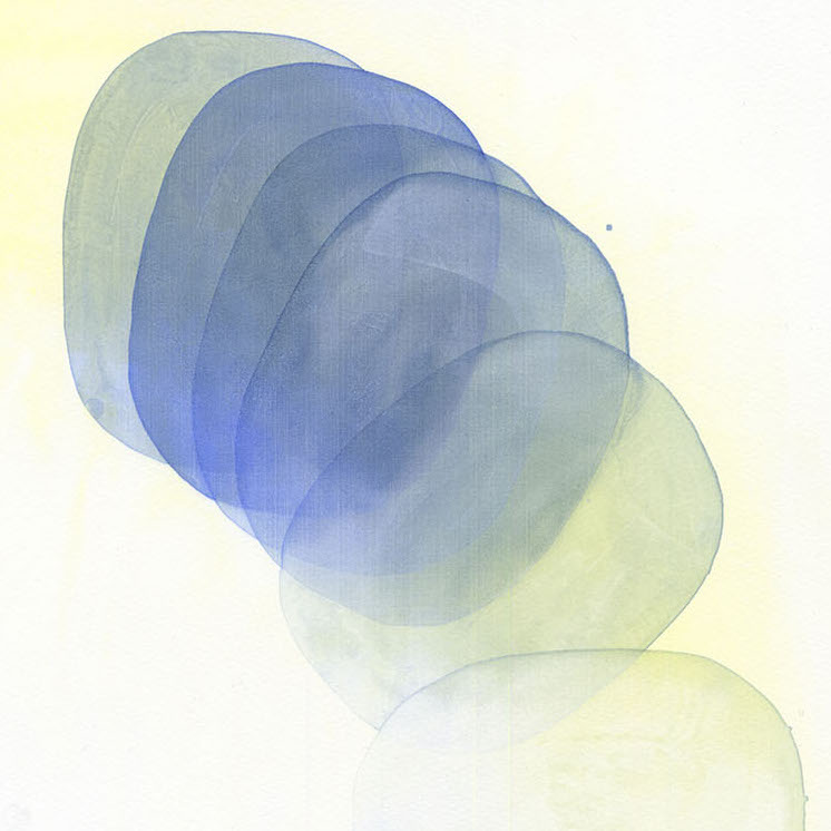 Adrienne Butler, Intention, 2017. Screen printed watercolor monotype. 15 x 11" Courtesy of the artist. Oval shaped overlapped onto each other changing color from blue to yellow