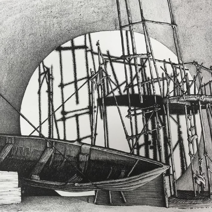 Kyle Chaput, Rio Bravo II-II, 2019 lithograph 9 x 13“ Courtesy of the artist. A small boat that appears to be surrounded by scaffolding