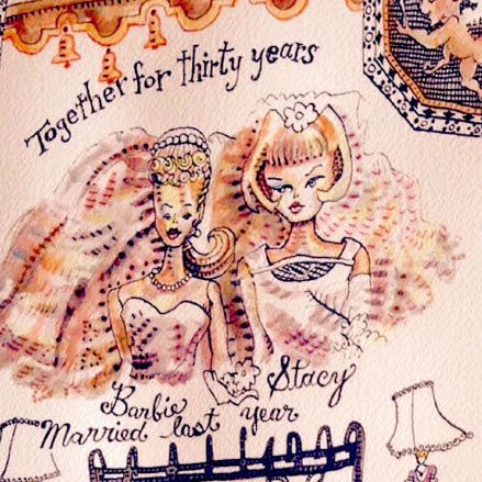 Chuka Susan Chesney, Just Married After All These Years, 2016. Watercolor, pen and ink, brush and ink, pencil. 20 x 13“ Courtesy of the artist. An ink and watercolor artwork that depicts a two women married women with a bed in the center and miscellaneous objects around 