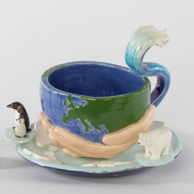 Tracey Corinne, Resistance Cup Set, 2019. Ceramics 7 x 8 x 8” each. Courtesy of the artist. A set of 4 teacups each decorated with a unique social message