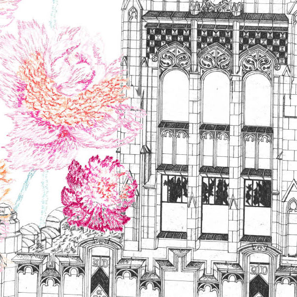 Jaqueline Diesing, Metropolitan Building, 2019. Mixed media: micron ink and soft pastels. 17 x 13“ Courtesy of the artist. A drawing of a building with large pink and purple flowers coming out from behind the building