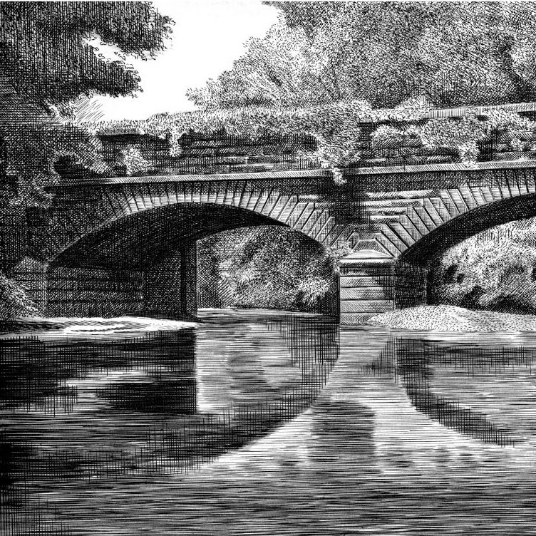 M. Alexander Gray, Hardware River Aqueduct III, 2017-18. Engraving. 7.5 x 12“ Courtesy of the artist. Engraving of a bridge over water