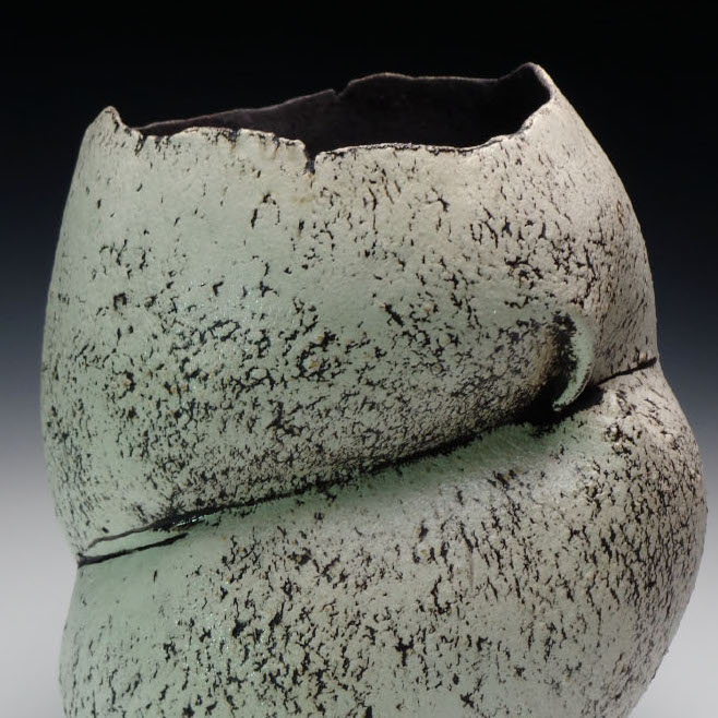 Mark Hendrickson, Torso 1, 2019. Ceramic 10.5 x 8 x 8” Courtesy of the artist. A vaselike sculpture with a rough texture in a light green color
