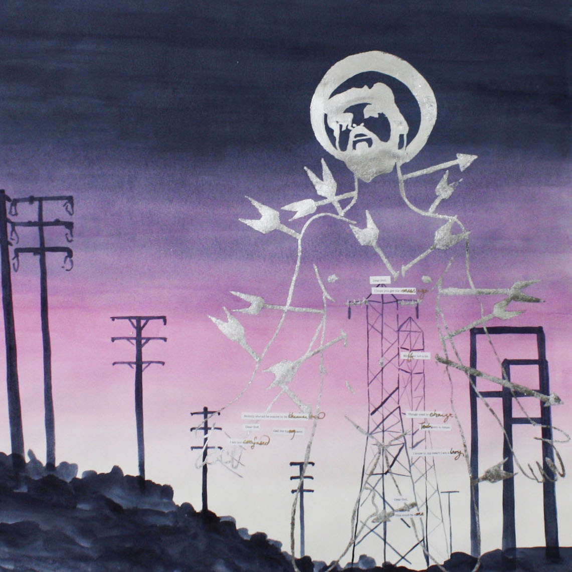 K. Ryan Henisey, Trans Sebastian, 2018. Watercolor, ink, marker, and metal foil. 40.5 x 35” Courtesy of the artist. A watercolor painting of a landscape with electrical towers and the outline of a figure hit with arrows in silver