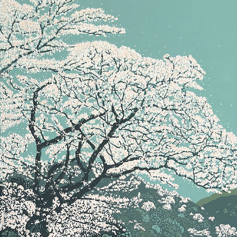 Naoto Ishikawa, Sakura, Sakura, 2018. Linocut reduction print. 35 x 21” Courtesy of the artist. A print of boats on the water near a tree with white flowers