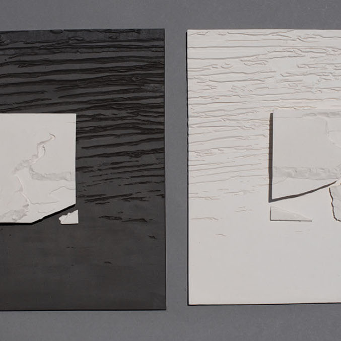 Beatriz Jaramillo, Broken Ice Diptych, 2018. Porcelain and black clay. 11 x 22 x 1” Courtesy of the artist. Two squares with a smaller shattered square placed in the center