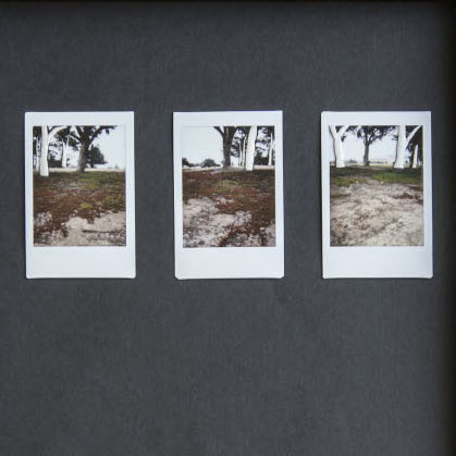 Marzieh Karimi, It Was Good to Be There #1, 2016. Mixed media: Polaroid photograph and clay. 14 x 11 x 1.5” Courtesy of the artist. Three Polaroid photographs of a outdoors scene