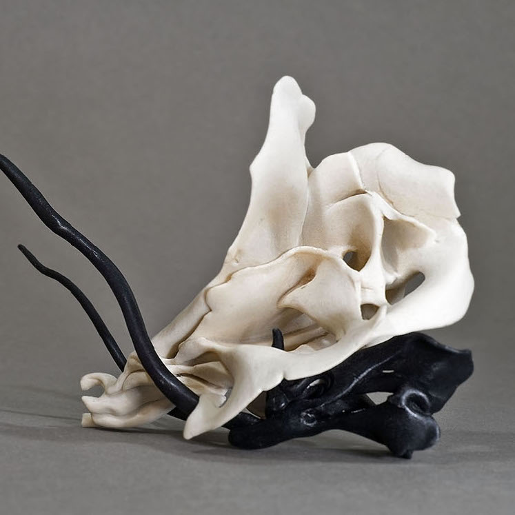 Amanda Klimek, Snatch, 2018. Porcelain. 4 x 8 x 8” Courtesy of the artist. A black and white colored sculpture with abstract shapes