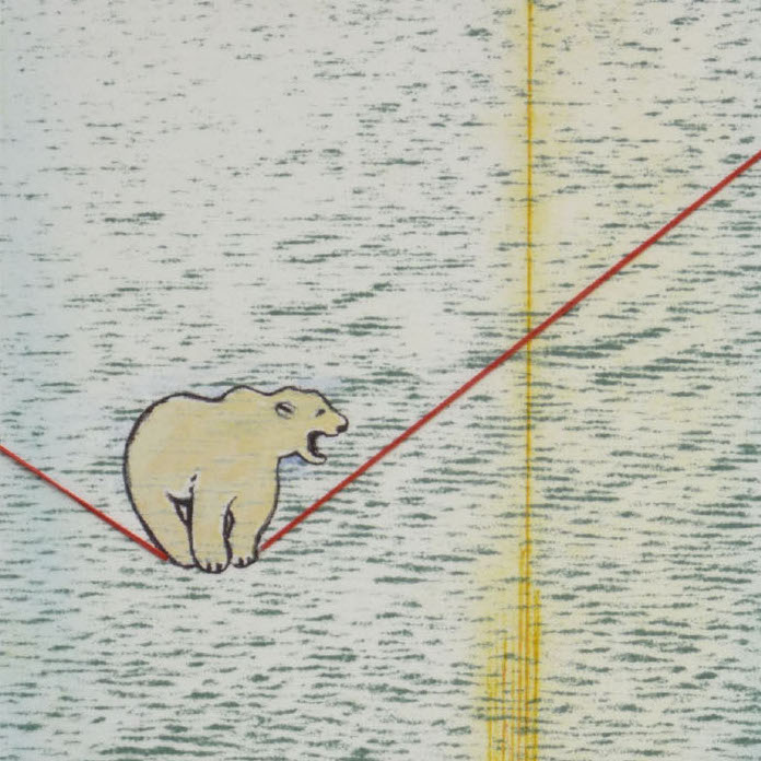 Mako Lanselle, On the Verge, 2018. Litho, drypoint, relief, Chine collé, hand-coloring and thread. 12 x 6“ Courtesy of the artist. A polar bear standing on a red rope over a glacier