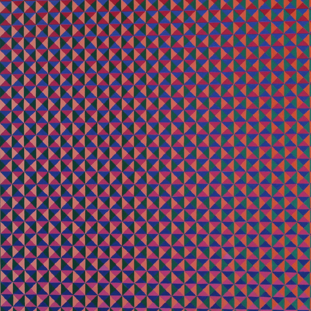 Annell Livingston, Fragments, Geometry and Change #149, 2019. Flashe on watercolor paper. 30 x 30“ Courtesy of the artist. Many triangles in four different colors creating a texture