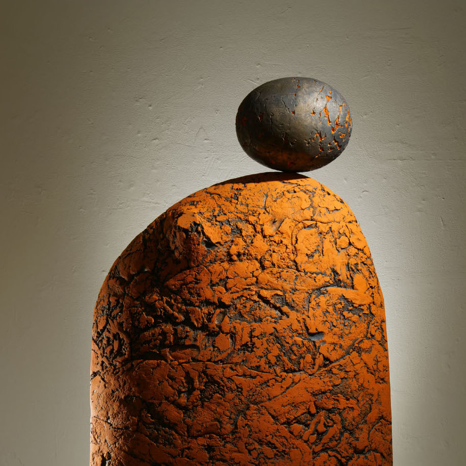 Garrett Masterson, Moon Rock, 2018. Fired stoneware. 38 x 26 x 16” Courtesy of the artist. A round stone placed on top of a larger rounded form with a flat bottom