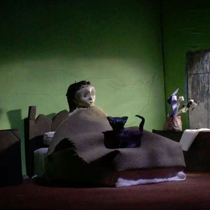 Lucans Novak, The Paper, 2016. Video art, stop-action claymation, 2 minutes 44 seconds. Courtesy of the artist. A scene from a claymation of a person in bed looking out a window