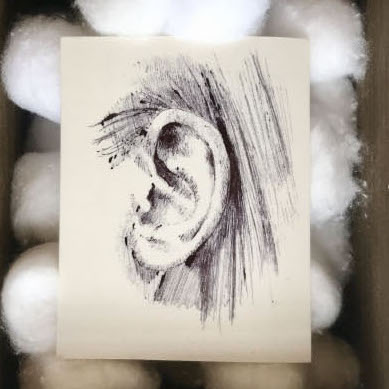 Sarah Petty, Deaf Ear, 2019. Porcelain, ball-point pen, cotton, wood 5.5 x 4 x 3.5” Courtesy of the artist. A ballpoint drawing of an ear