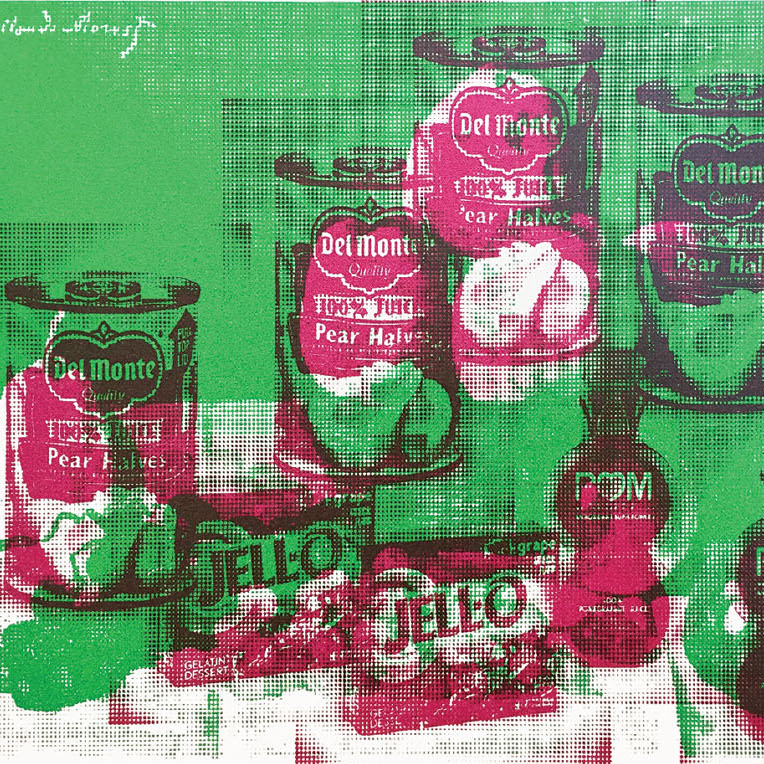 Howard Steenwyk, Industrial Impressionism, 2018. Two-color silkscreen print on canvas mounted to board, ed. 1 of 3. 18 x 24 x 1” Courtesy of the artist. A silkscreen print of Jello boxes, Pom drinks, and cans of Pear Halves. Howard Steenwyk, Industrial Impressionism, 2018. Two-color silkscreen print on canvas mounted to board, ed. 1 of 3. 18 x 24 x 1” Courtesy of the artist.