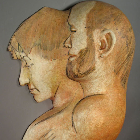 Suzanne Storer, The Couple, 2017. Ceramic wall sculpture in high-relief; based on life drawing, raised slab construction. 24 x 18 x 6.5” Courtesy of the artist. A ceramic wall sculpture of a profile view of two people. Suzanne Storer, The Couple, 2017. Ceramic wall sculpture in high-relief; based on life drawing, raised slab construction. 24 x 18 x 6.5” Courtesy of the artist.