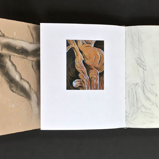 Deane Swick, AB/610/19, Artist’s Book, 2019. Printer’s ink, acrylic, gouache, graphite. 8.75 x 23 x .75” Courtesy of the artist. A brown book with a different images on diferent pages.