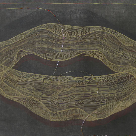 Noriho Uriu, Infinite Passage, 2017. Intaglio and mixed media. 18 x 24“ Courtesy of the artist. A oval shaped object made up of various lines with a dashed line running through the center.