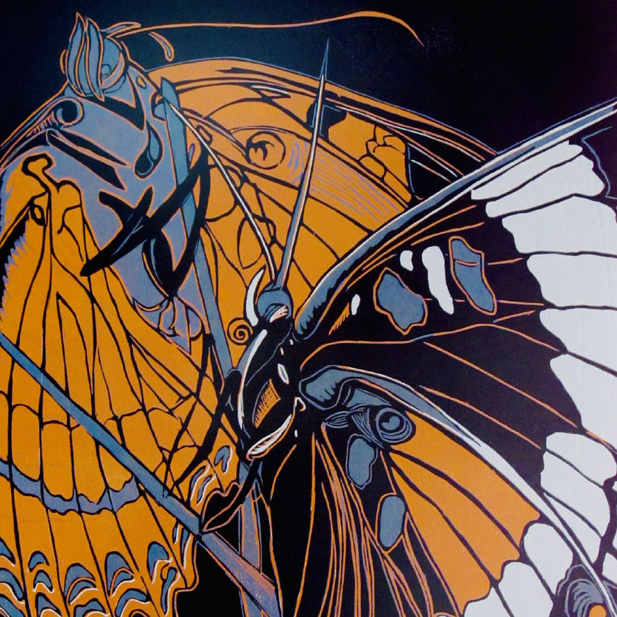 Peter Van Ael, Sharing a Sprig 1, 2018 reduction woodcut. 20 x 16“ Courtesy of the artist. A woodcut print of a butterfly with orange, white, blue, and black wings.