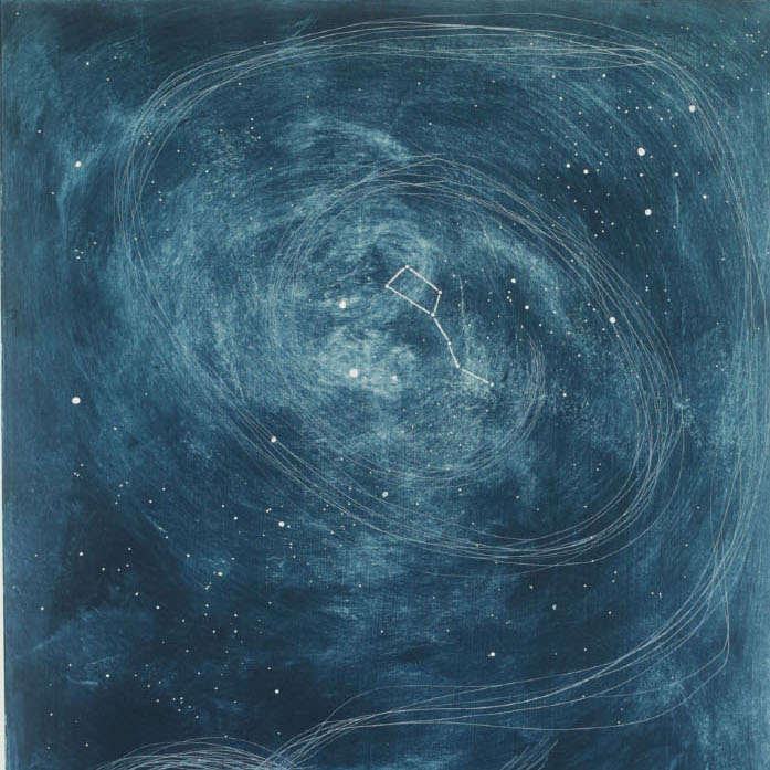Brandon Walls, Dream a Little Dream, 2019. Polyester plate lithography and drypoint on paper. 22 x 17“ Courtesy of the artist. A print of constellations in space over a blue background.