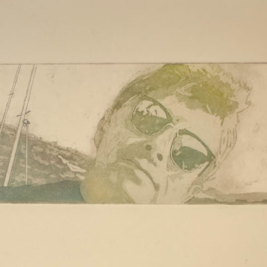 Nancy Young, Azul, 2017. Etching. 8 x 18“ Courtesy of the artist. An etching of a man with gunglasses.