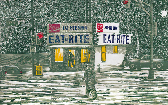 Man walking past a Diner during snowfall