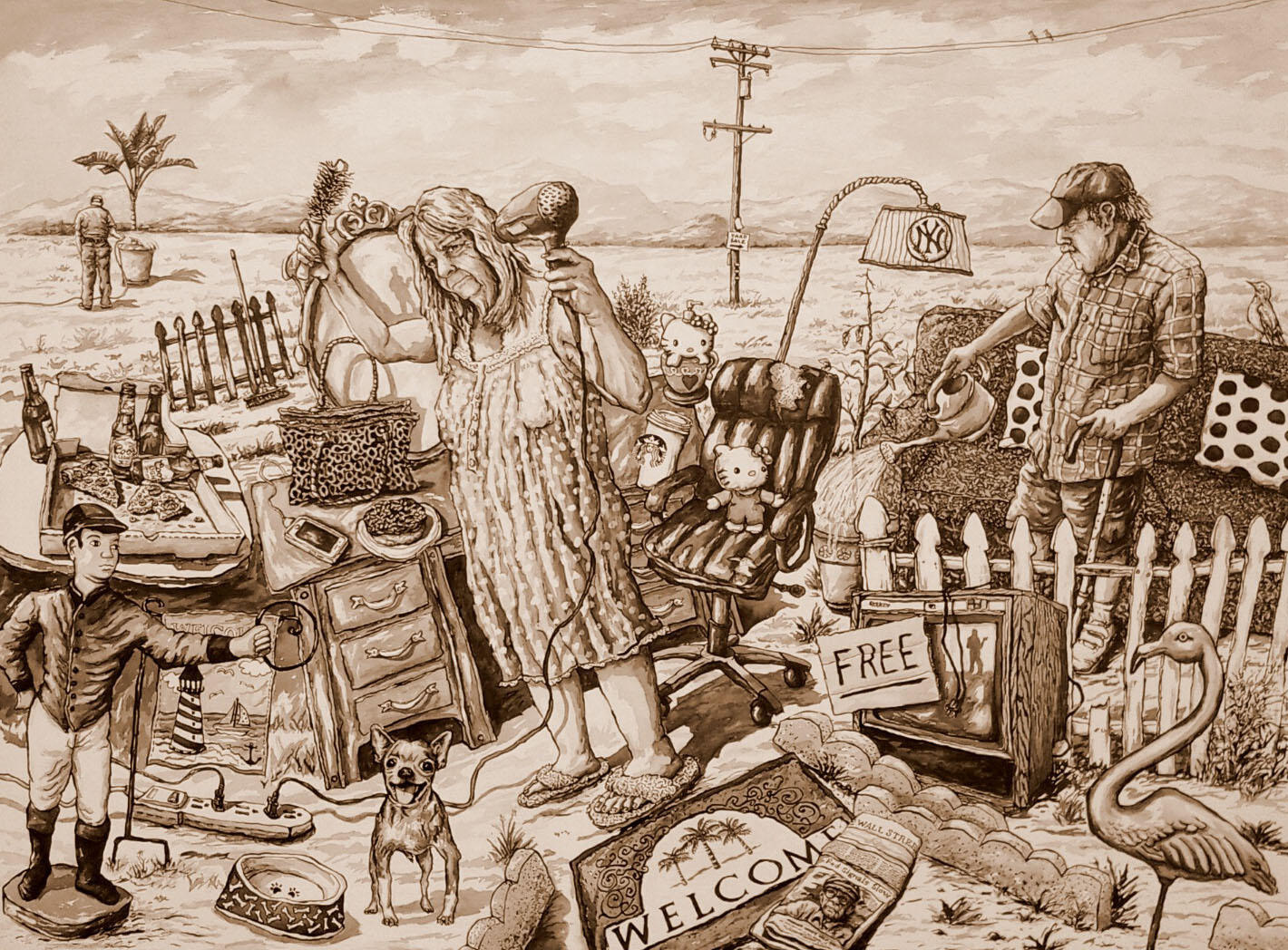 sepia toned drawing of what resembles a garage sale- there are lots of random objects sitting on the ground and around the frame. Two figure stand in the foreground- one holding a hair dryer and the other a watering can. The background shows that this scene is taking place in what looks to be the middle of the desert