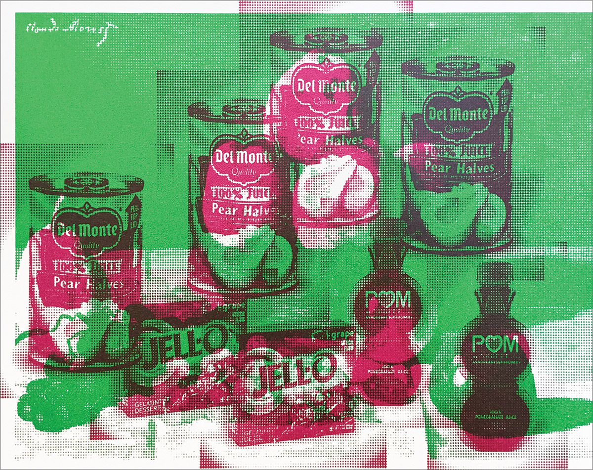 Industrial Impressionism by Howard Steenwyk. A box of Jello, canned fruit, and a juice bottle are depicted here using red and green colors. Items are repeated throughout the canvas. 