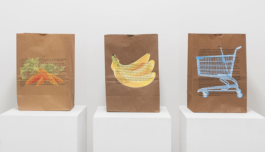 Elizabeth Bennett, Bag, Banana, and Carrot from the series of Grocery Stories, 2018. Screen print on brown "shopping" bags. 17 x 12 x 7" each. Courtesy of the artist.