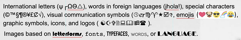 This image shows various characters that are used in international letters, foreign languages, symbols, emojis, and icons.