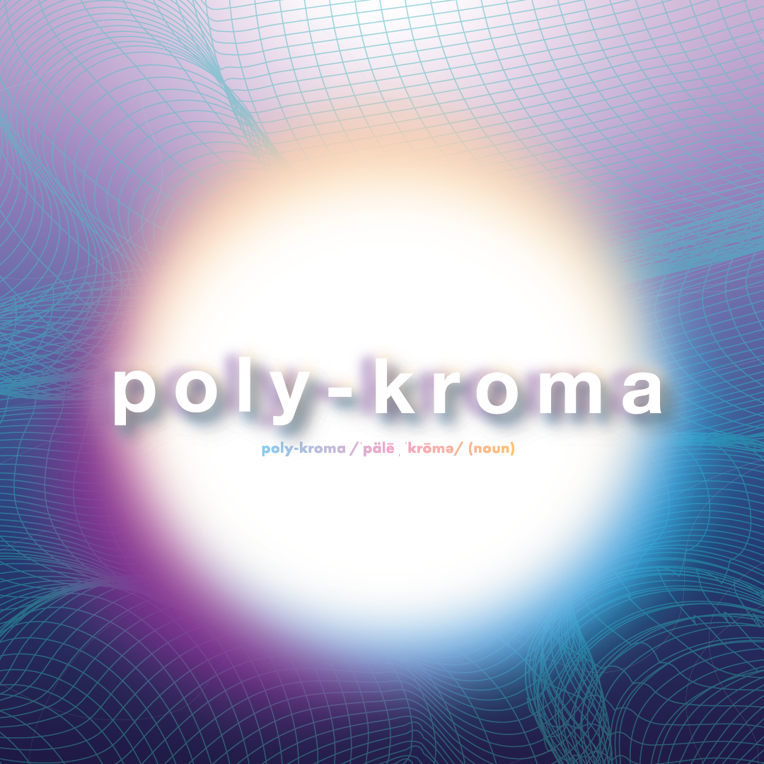 poly-kroma (noun) graphic logo with a white circle and ombre purple and teal web background