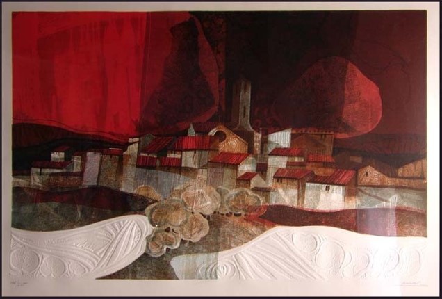 Image of Alvar Suñol's Paysage Rouge (trans from French Red Landscape), 1979 lithograph with embossed design along bottom, ed. Small village in neutral colors on a white hill, with red and black sky. 54/275 Image: 22.75” x 35”. Donated by Hillam Family in honor of Bruce Hillam. University Permanent Collection, College of Environmental Design, Cal Poly Pomona.
