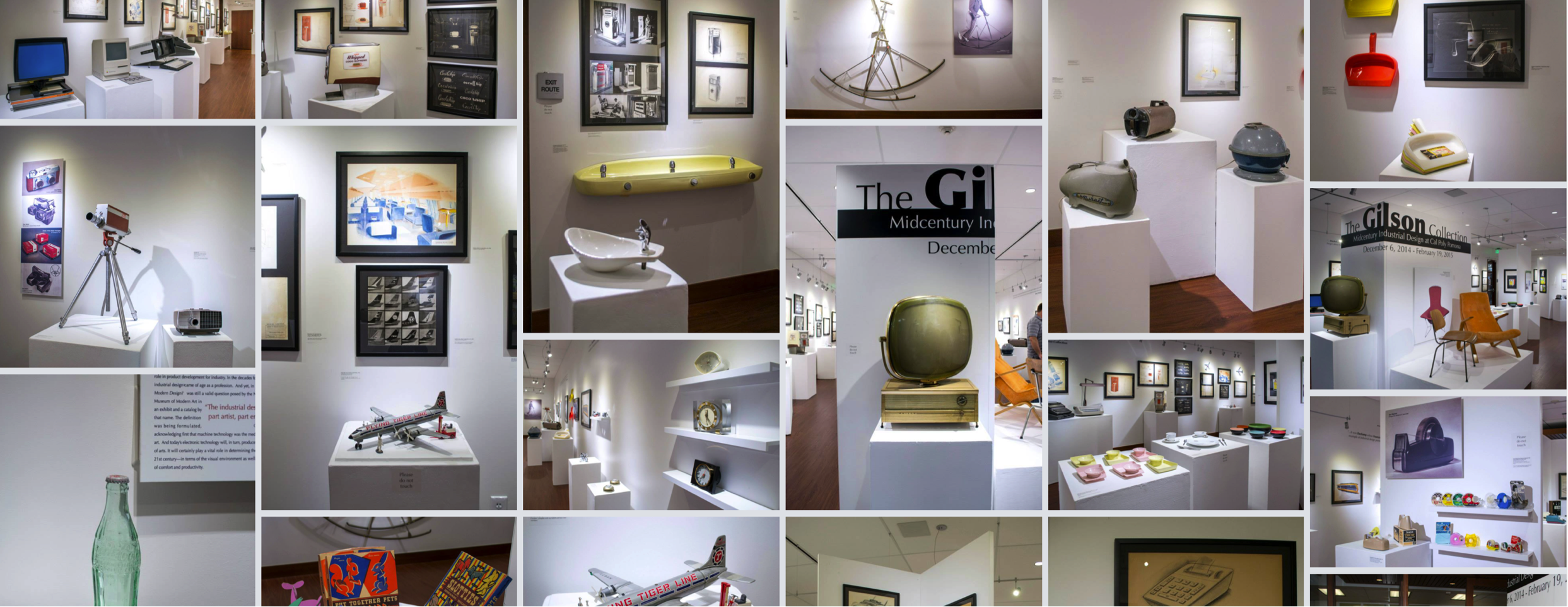 Photomontage of Channing Gilson Collection exhibition views of midcentury industrial design objects and designs