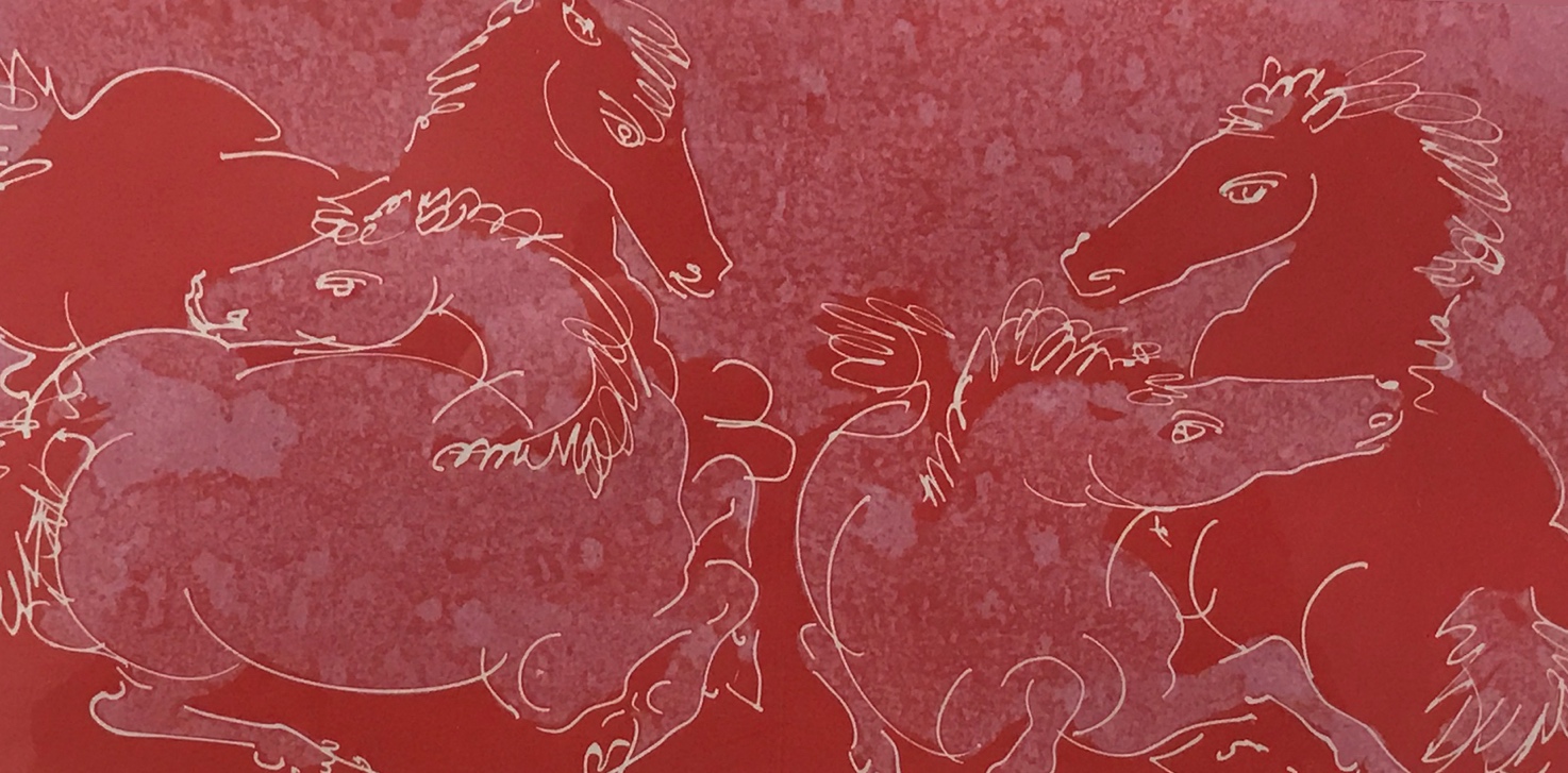 Hans Erni, Les Chevaux / The Horses (four horses in motion), 1954, lithograph in colors, ed. no. 11 of 43, 6 x 12”. The Raymond Burr-Robert Benevides Swiss Collection. Donated by Raymond Burr and Robert Benevides. College of Environmental Design, Cal Poly Pomona.