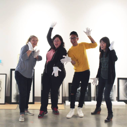 Jury Day with juror Nancy Haselbacher, Curator Michele Cairella Fillmore, and student volunteers assisting with art handling for 2018’s Annual Juried 2d3d Student Art Exhibition, Polykroma.