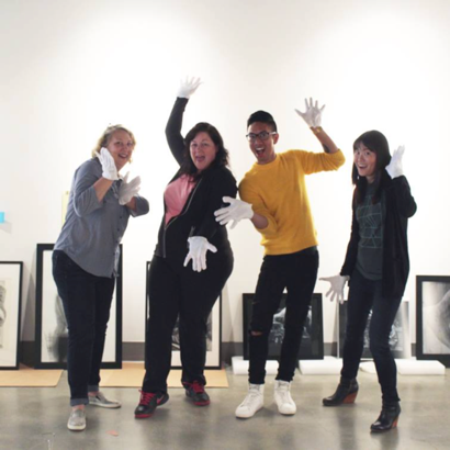 Jury Day with juror Nancy Haselbacher, Curator Michele Cairella Fillmore, and  student volunteers assisting with art handling for 2018’s Annual Juried 2d3d Student Art Exhibition, Polykroma.