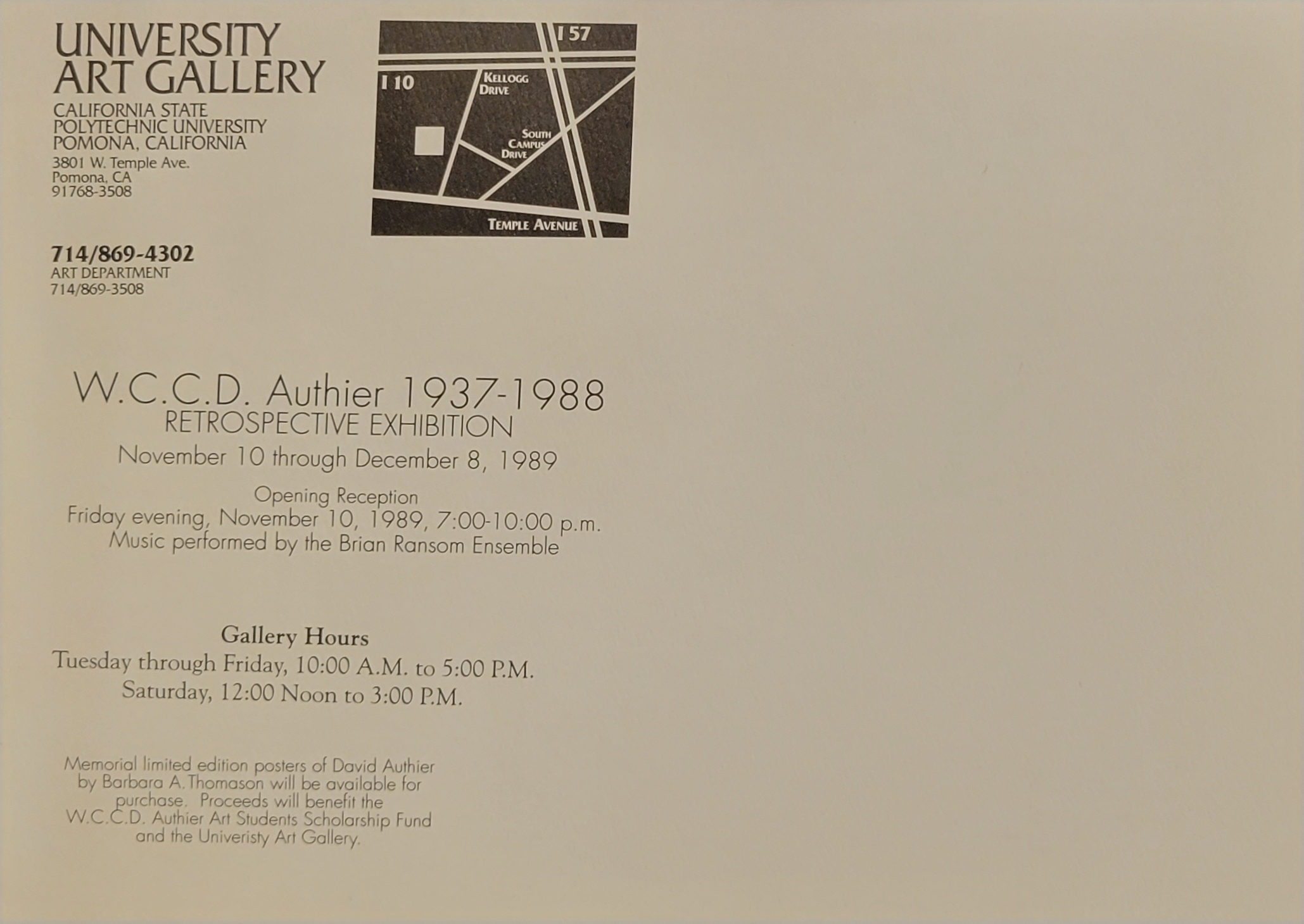 Friday, November 10, 1989 - 7:00 PM to 10:00 PM Opening Reception: W.C.C.D. Author 1937-1988 Retrospective Exhibition  Music performed by the Brian Ransom Ensemble. Memorial limited edition posters of avid Authier by Barbara A. Thomason will be available for purchase. 