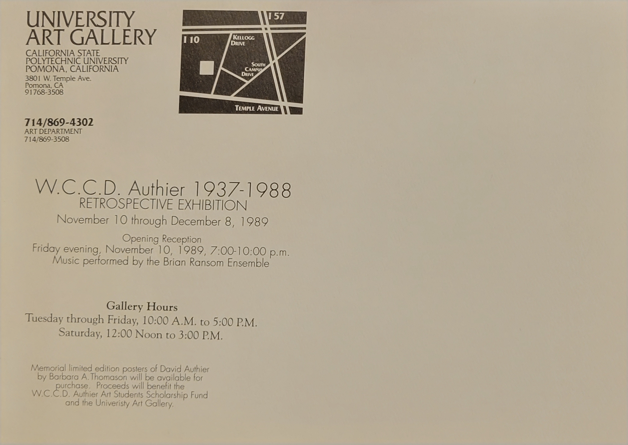 Friday, November 10, 1989 - 7:00 PM to 10:00 PM Opening Reception: W.C.C.D. Author 1937-1988 Retrospective Exhibition Music performed by the Brian Ransom Ensemble. Memorial limited edition posters of avid Authier by Barbara A. Thomason will be available for purchase.