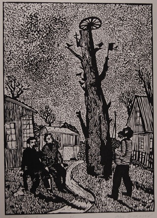 Prayer Tree,” Alex Gerasev, Boston, MA, linocut