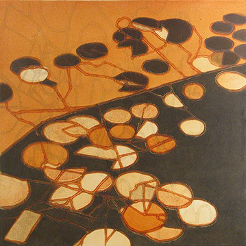Christiane Corcelle's "Square 4." The art work has organic shapes of shades of orange and black. 