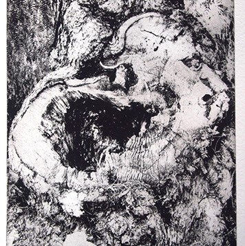 Adeola Davies-Aiyeloja's "The Old Tree of Many Faces" which is a black and white abstract illustration.