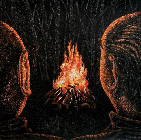 Brian Cirmo's "The Artist & Philip Roth Tell Stories Around the Campfire." Shows the back of two men sitting next to campfire on a dark night. 