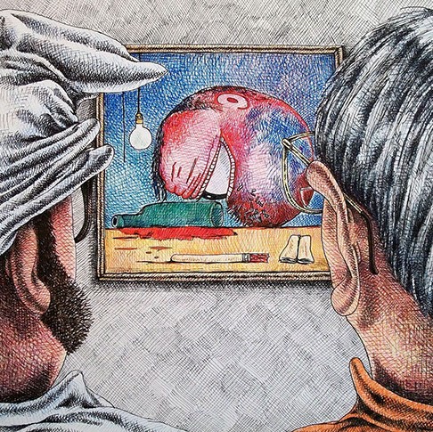 Brian Cirmo's "The Artist & Peter Saul Contemplate a Guston Painting." The art work shows two men examining an art work. 